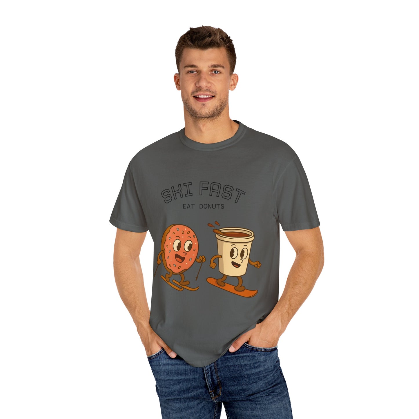 Skiing Donuts T-Shirt, Funny Ski Tee, Unisex Graphic Tee, Winter Apparel, Foodie Gift, Casual Wear