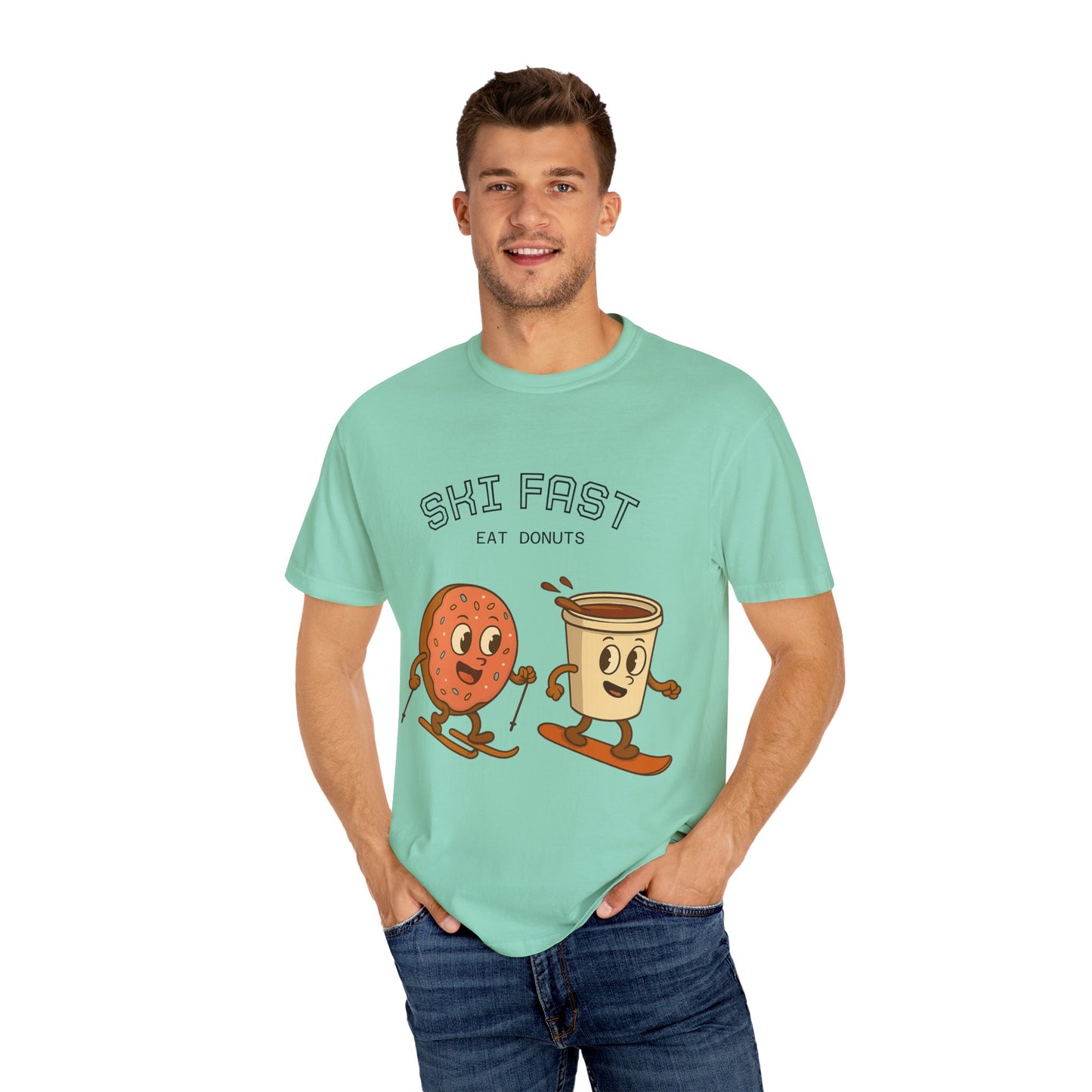 Skiing Donuts T-Shirt, Funny Ski Tee, Unisex Graphic Tee, Winter Apparel, Foodie Gift, Casual Wear