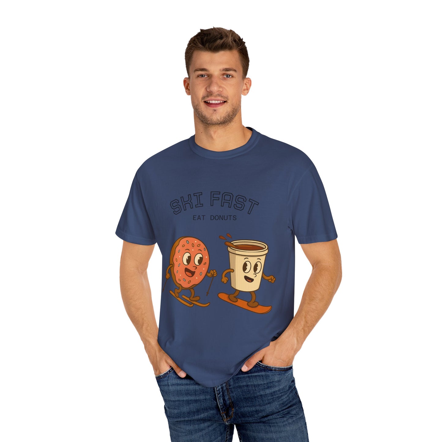 Skiing Donuts T-Shirt, Funny Ski Tee, Unisex Graphic Tee, Winter Apparel, Foodie Gift, Casual Wear