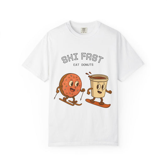Skiing Donuts T-Shirt, Funny Ski Tee, Unisex Graphic Tee, Winter Apparel, Foodie Gift, Casual Wear