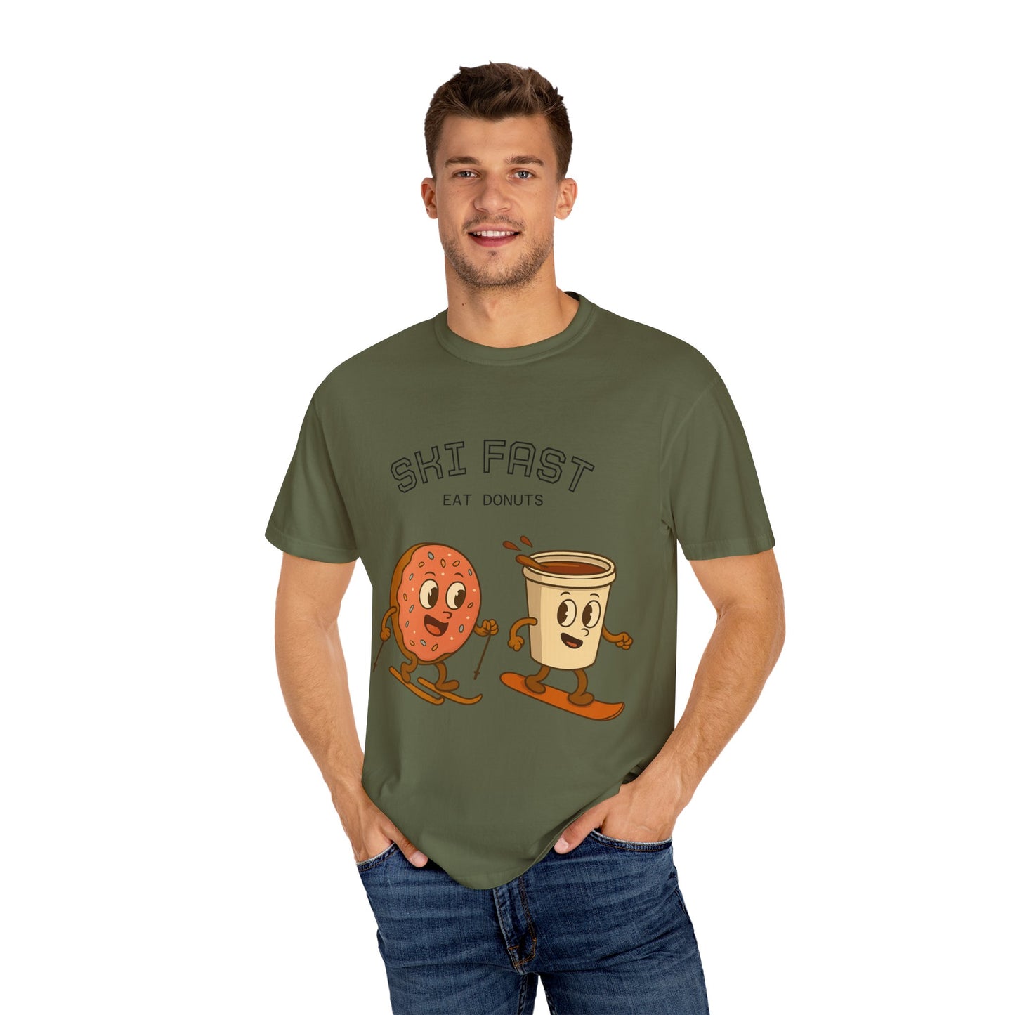 Skiing Donuts T-Shirt, Funny Ski Tee, Unisex Graphic Tee, Winter Apparel, Foodie Gift, Casual Wear