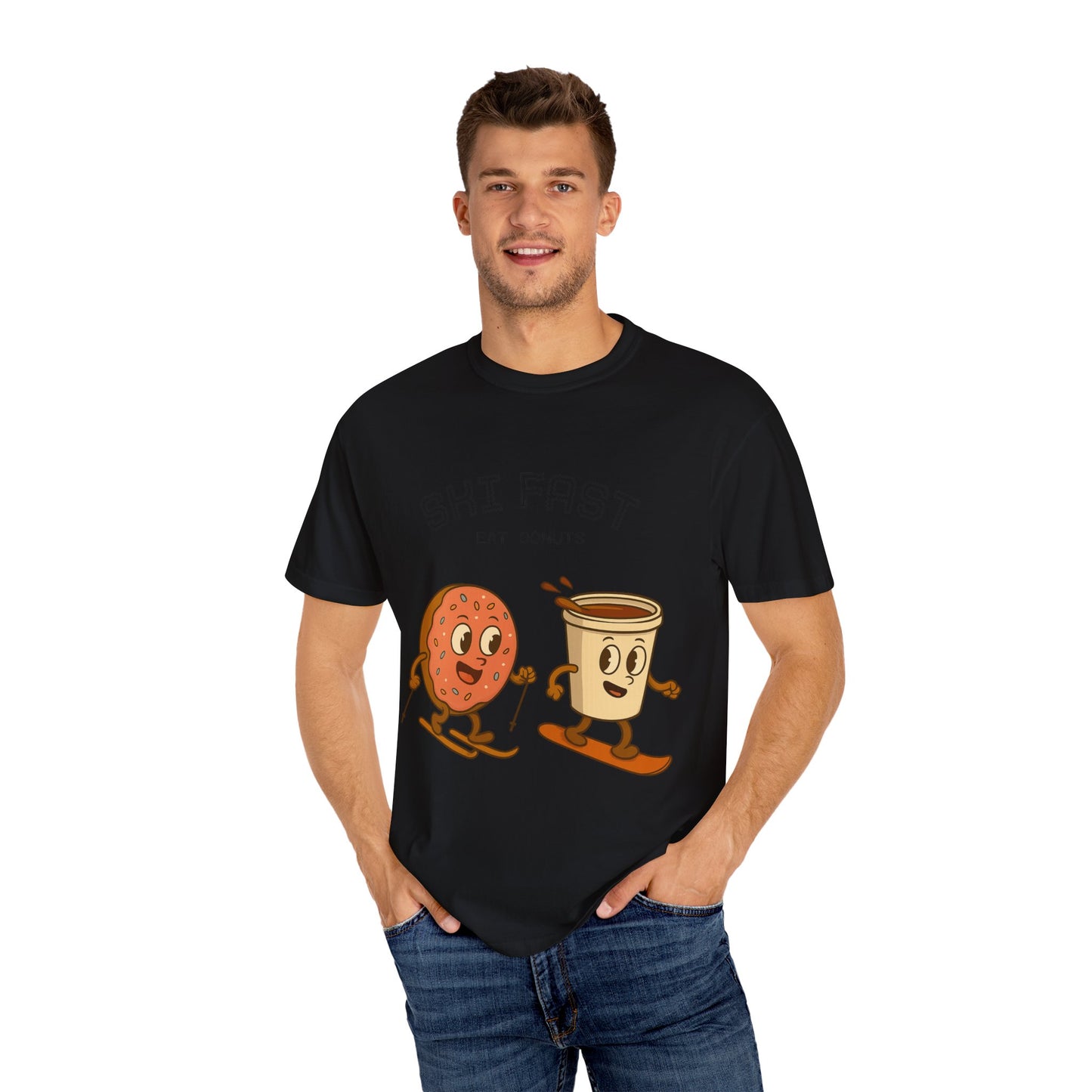 Skiing Donuts T-Shirt, Funny Ski Tee, Unisex Graphic Tee, Winter Apparel, Foodie Gift, Casual Wear