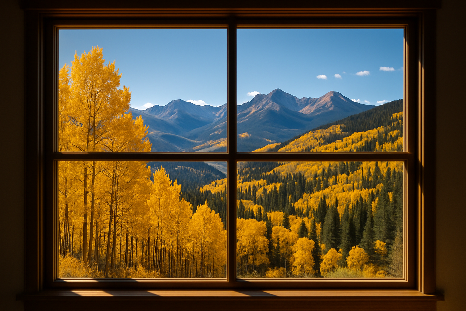 fall day with aspen trees out the window in the mountains of colorado